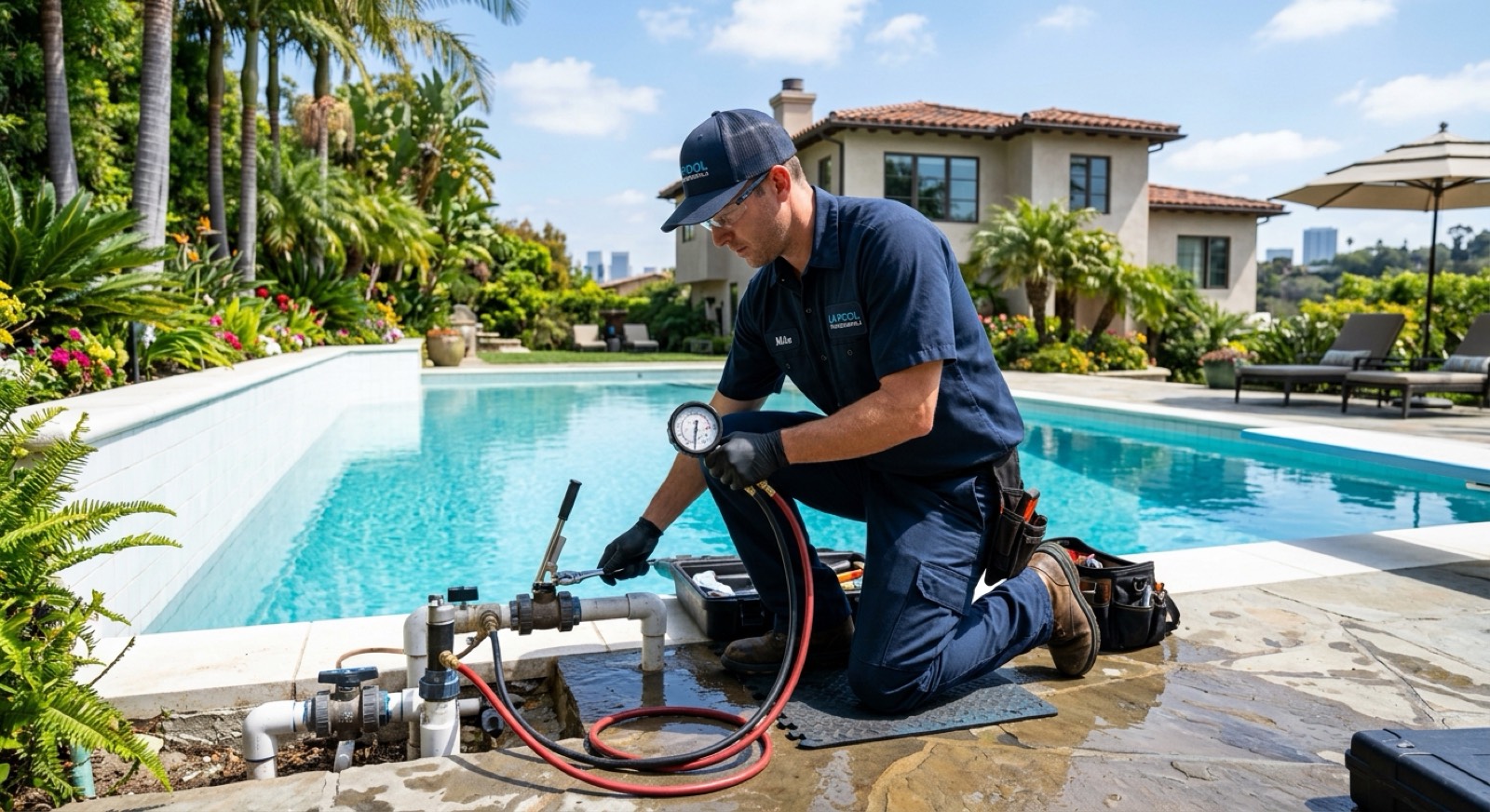 Pool leak detection technician inspecting a residential pool in Los Angeles